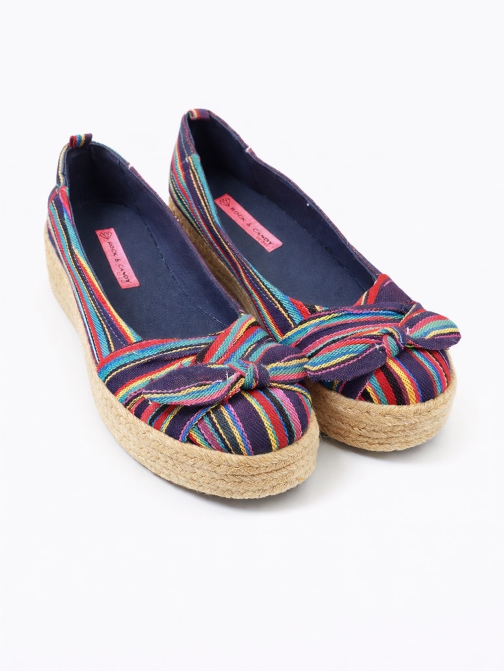 Rock & Candy Navy Multi-Stripe Espadrille Platform Flats with Bow